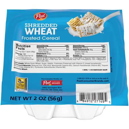 POST Post Frosted Shredded Wheat Cereal 2 oz. Bowl, PK48 27149